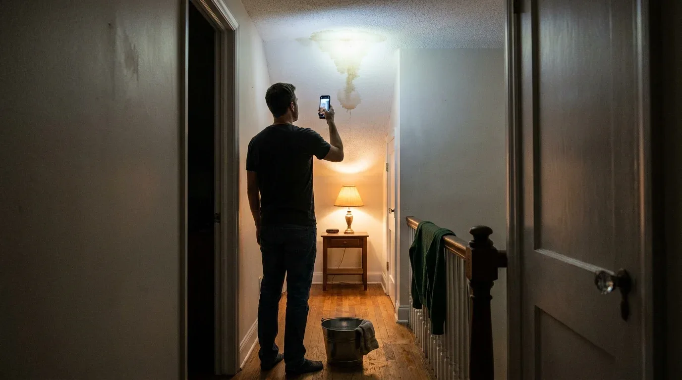 A man at night shining a phone light at a water stain on a hallway ceiling